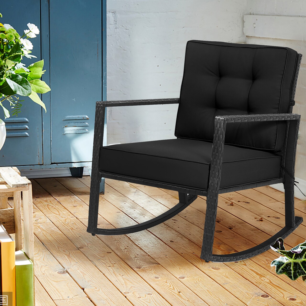 Costway Patio Rattan Rocker Chair Outdoor Glider Rocking Chair Cushion Lawn Navy\Black\Grey